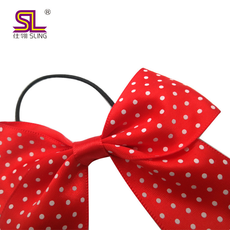 Pre-made printed red satin ribbon gift wrapping elastic band gift bow