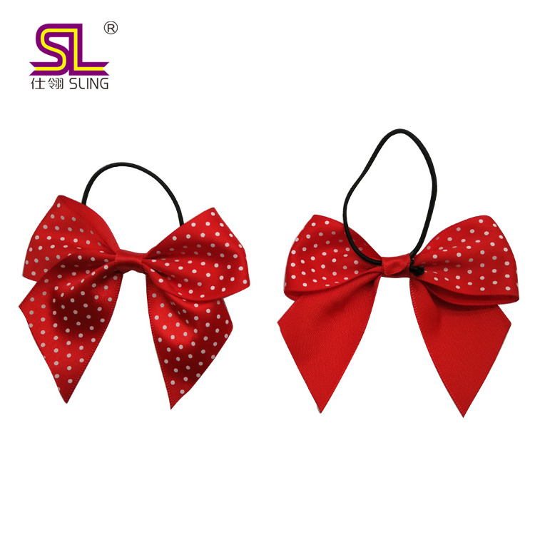 Pre-made printed red satin ribbon gift wrapping elastic band gift bow