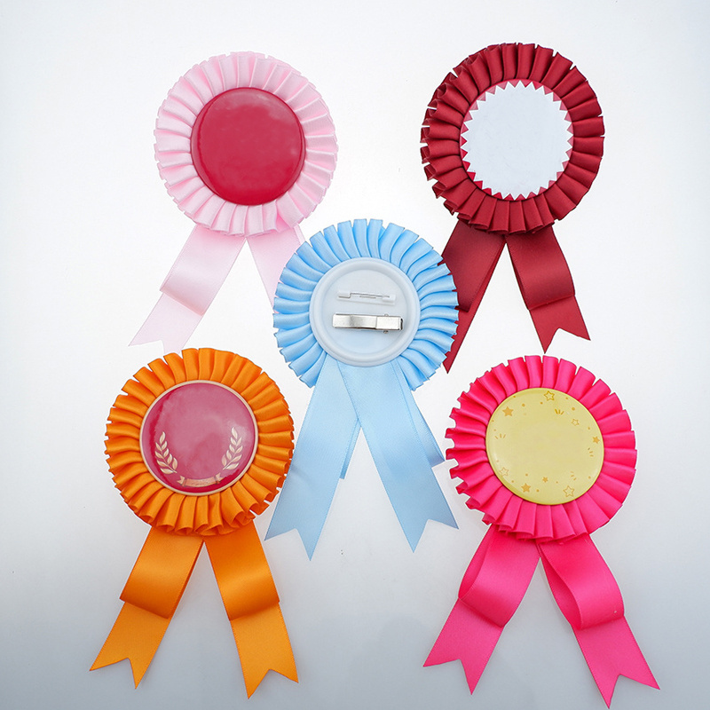 Customized Logo Satin Ribbon Rosette Award Race Ribbon Flower Badge for Graduation Sports and Dance