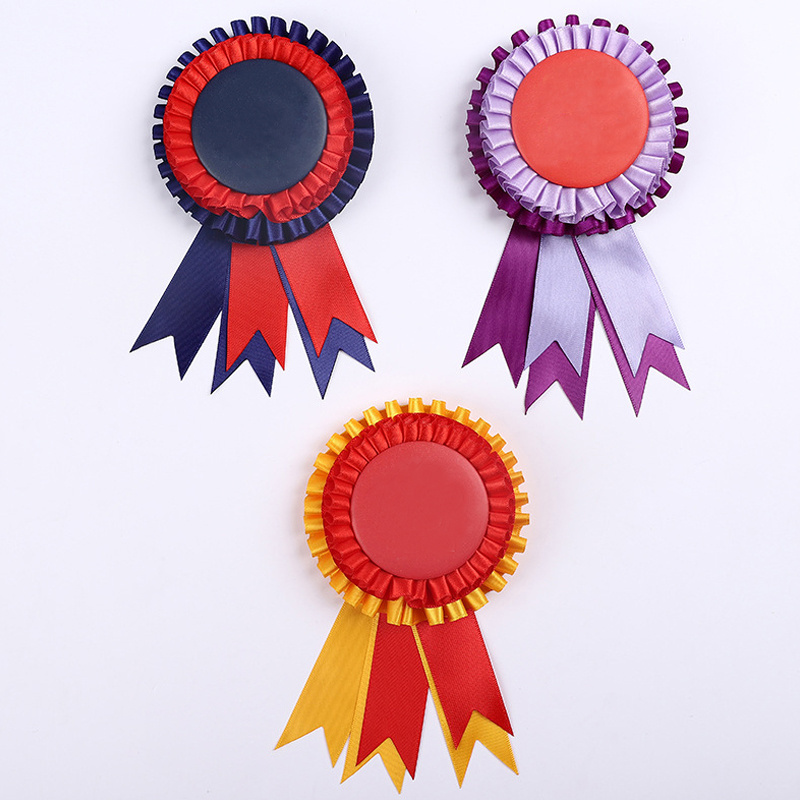 Customized Logo Satin Ribbon Rosette Award Race Ribbon Flower Badge for Graduation Sports and Dance