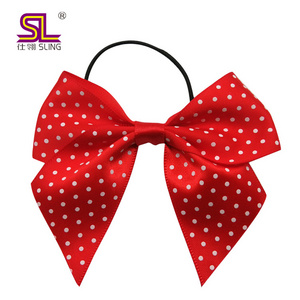 Pre-made printed red satin ribbon gift wrapping elastic band gift bow