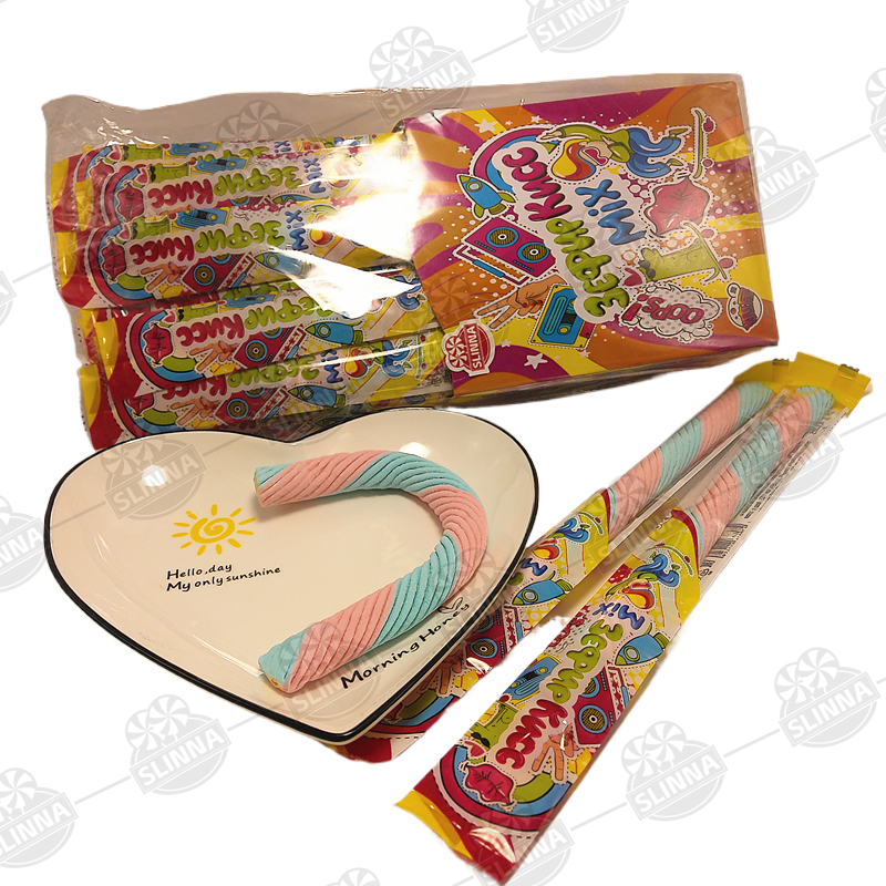 Wholesale Halal Twist Marshmallow jam filling Cotton Candy Spiral Shape Sweet Long Stick Colorful Flavor Candy For Kids