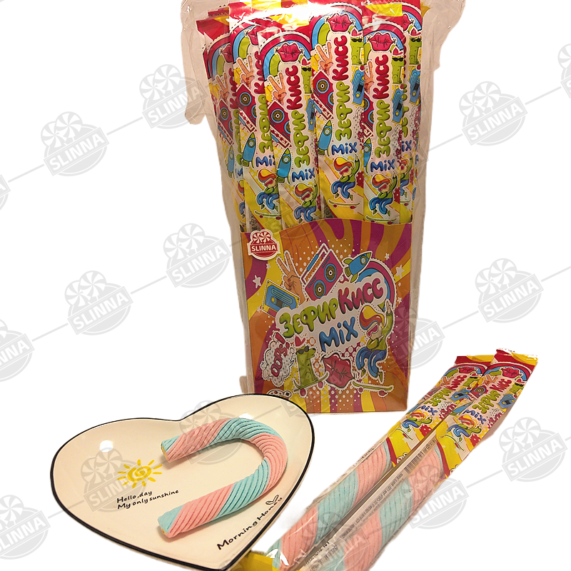 Wholesale Halal Twist Marshmallow jam filling Cotton Candy Spiral Shape Sweet Long Stick Colorful Flavor Candy For Kids