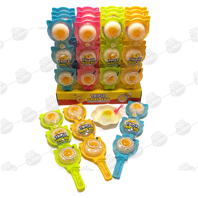 Wholesale 46g Mini Fruity Flavor Triple fried egg Jelly Lollipop in Box Pudding jelly popping candy cute Cartoon pudding jelly