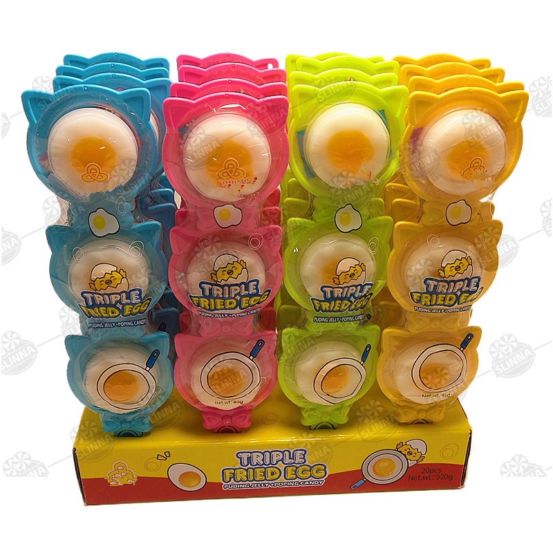 Wholesale 46g Mini Fruity Flavor Triple fried egg Jelly Lollipop in Box Pudding jelly popping candy cute Cartoon pudding jelly