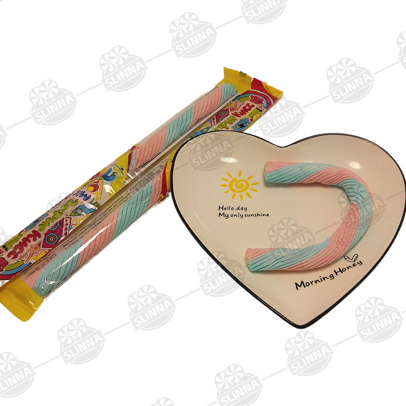 Wholesale Halal Twist Marshmallow jam filling Cotton Candy Spiral Shape Sweet Long Stick Colorful Flavor Candy For Kids