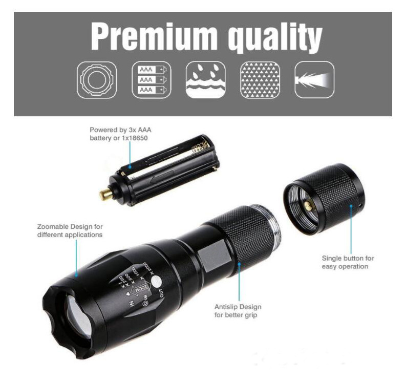 Portable T6 LED Ultra Bright Handheld Tactical Flashlight with Adjustable Focus