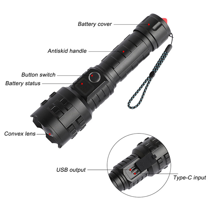 High Power Bank Display Torch Type C Rechargeable Battery Zoomable Lamp Waterproof Emergency Hammer  LED Flashlight