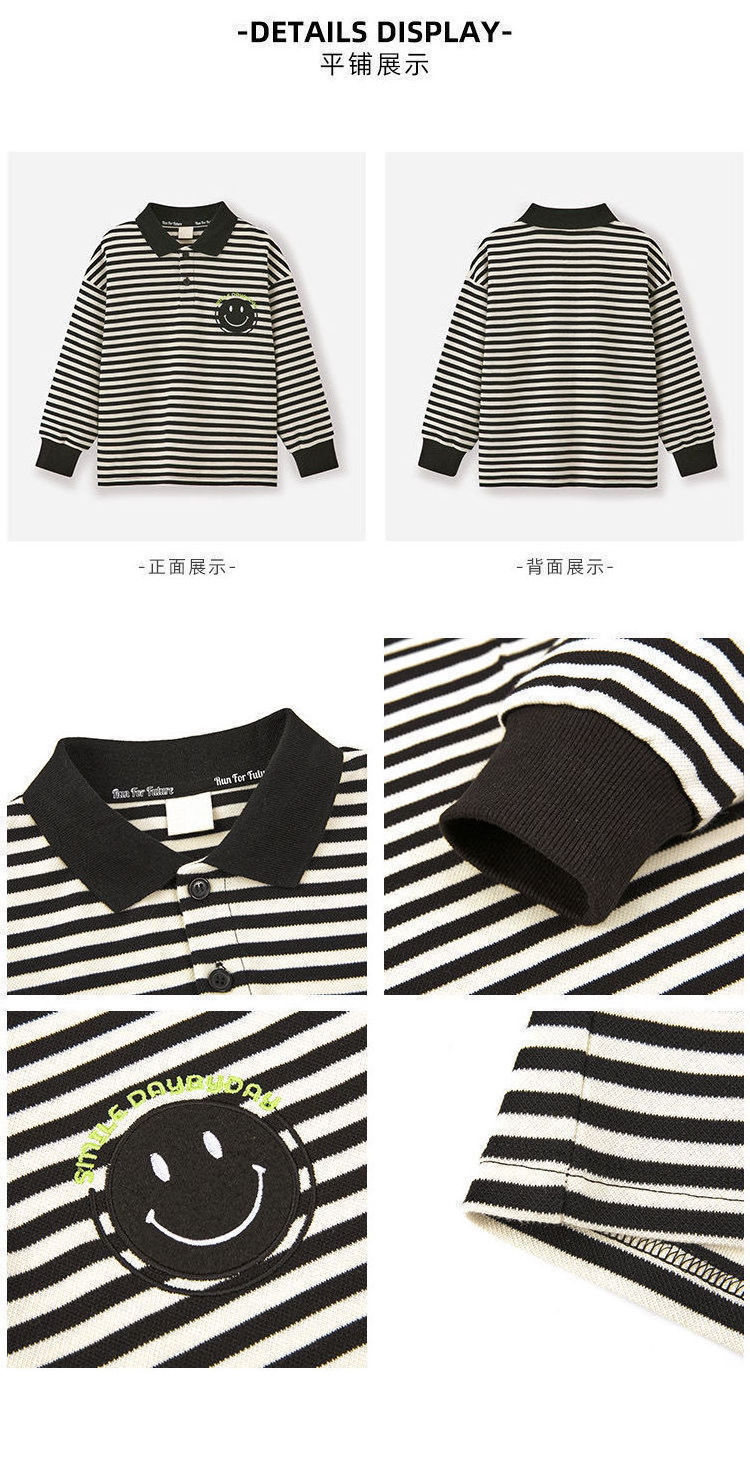 Black Striped Smiley Polo Shirt for Boys Little Boy's Polo T-Shirt Men's and Children's Long-sleeved Pinstripe Cotton Base Top