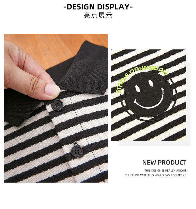 Black Striped Smiley Polo Shirt for Boys Little Boy's Polo T-Shirt Men's and Children's Long-sleeved Pinstripe Cotton Base Top