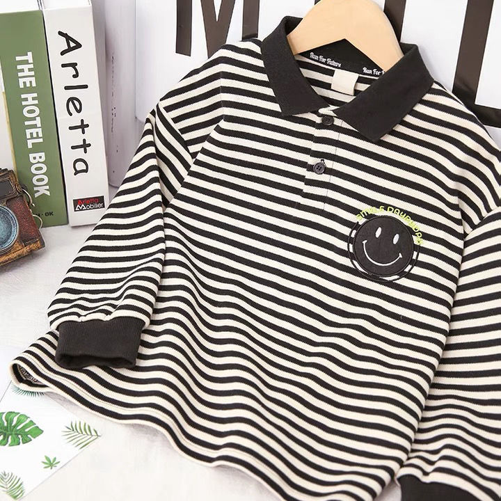 Black Striped Smiley Polo Shirt for Boys Little Boy's Polo T-Shirt Men's and Children's Long-sleeved Pinstripe Cotton Base Top