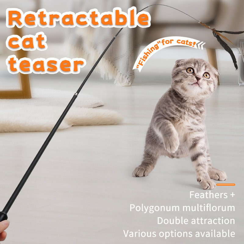 Feather fiberglass fishing cat teaser toys telescopic teasing stick interactive toy wand