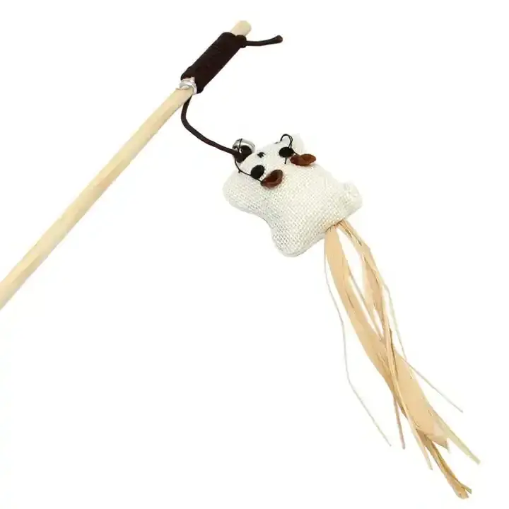 Factory Wholesale Custom Logo Long Handle Wooden Cat Toy Wand Cat Teaser Stick With Bell And Feather