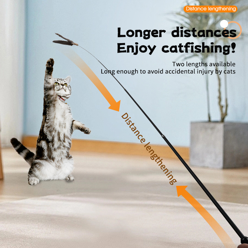 Feather fiberglass fishing cat teaser toys telescopic teasing stick interactive toy wand