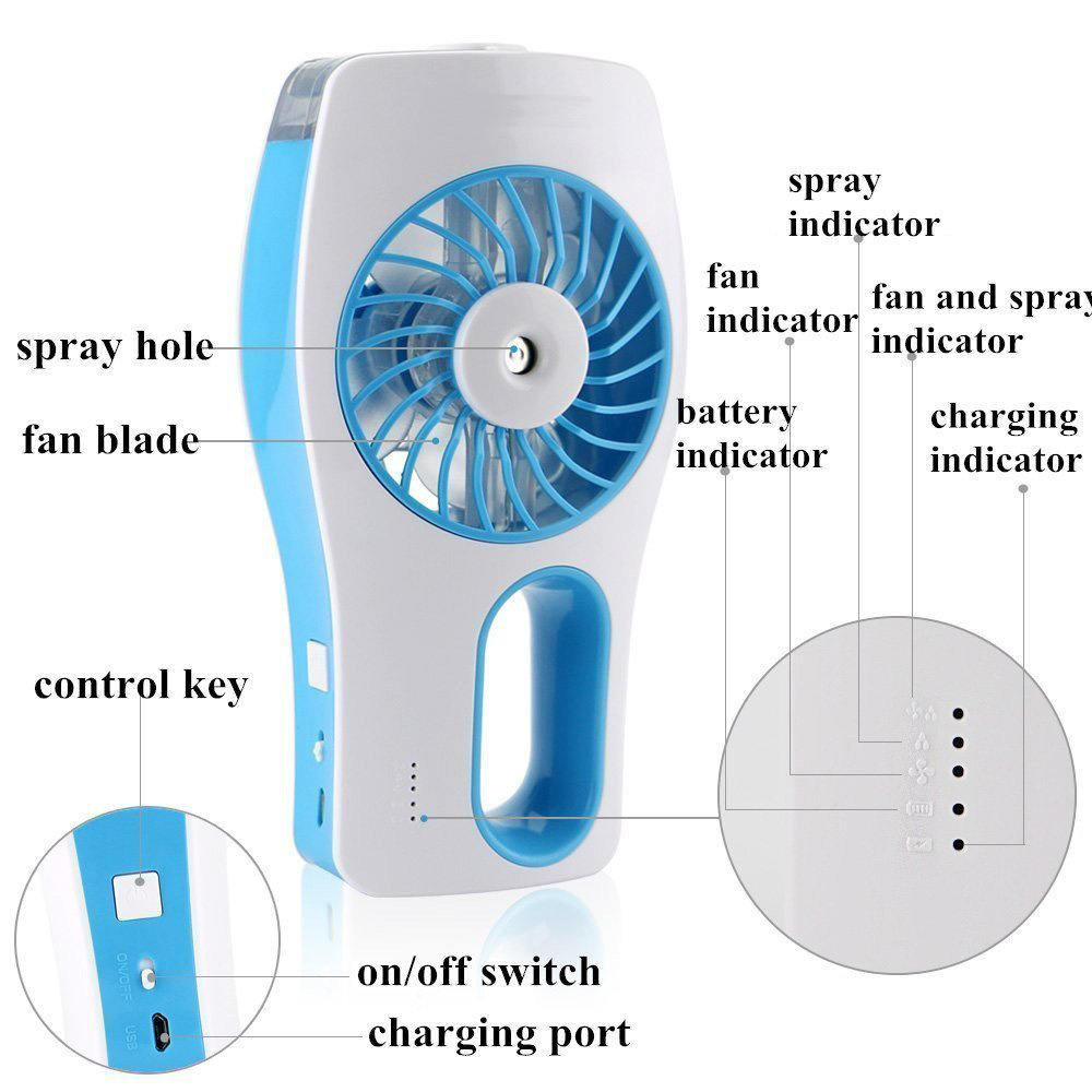 HandFan Portable Misting Fan With Large Water Tank, Rechargeable Handheld Personal Mister Battery Operated Water Spray Mist Fan