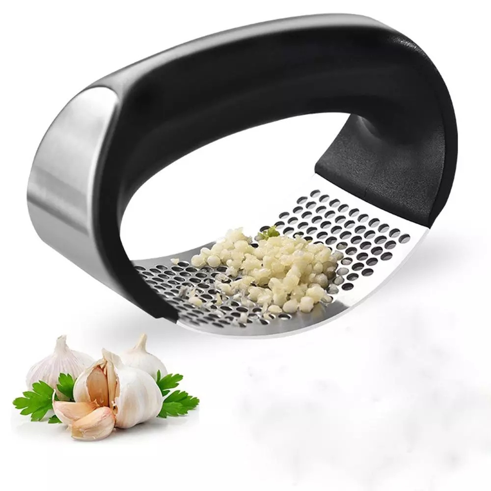 Garlic Press Rocker,304 Stainless Steel Garlic Mincer Professional Grade Garlic Crusher with Silicone Tube Peeler and Cleaning