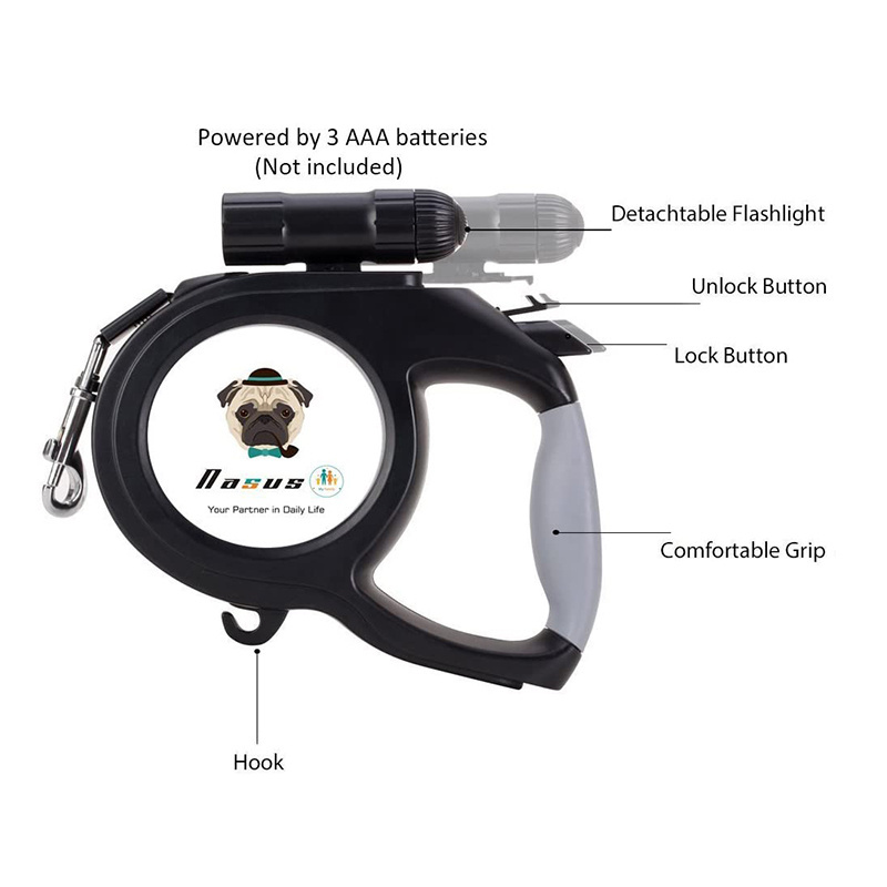 26ft 8m Retractable Dog Leash with Detachable 9 Led Flashlight Pet Walking Leash for Medium Large Dog up to 100lbs