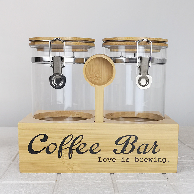 Glass Pantry 40oz coffee bee storage holder glass coffee jar with Airtight Lid and bamboo holder set