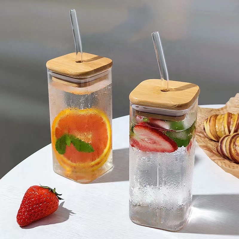 300 ml 10 oz clear glass tumbler square glass cup with straw and lid for juice milk