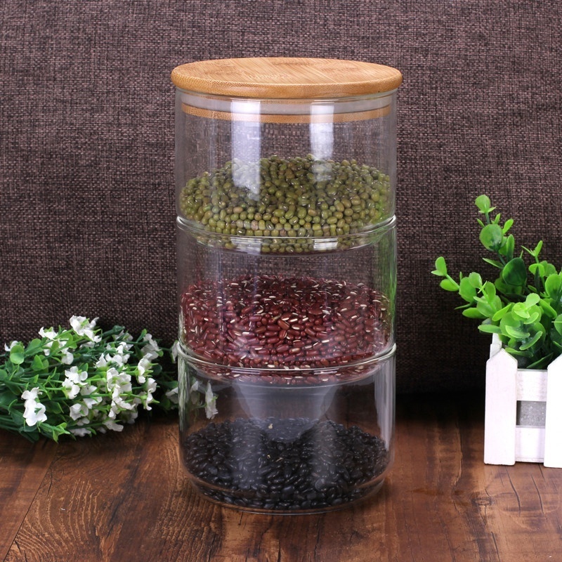 3-tier stack glass canister Household products sealed airtight folding glass jar with bamboo cover