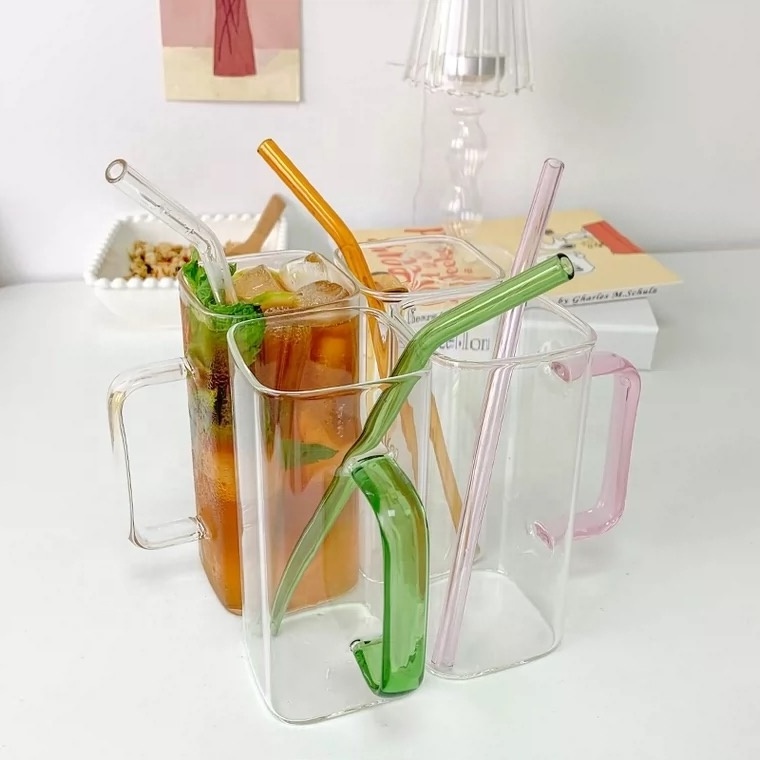 300 ml 10 oz clear glass tumbler square glass cup with straw and lid for juice milk