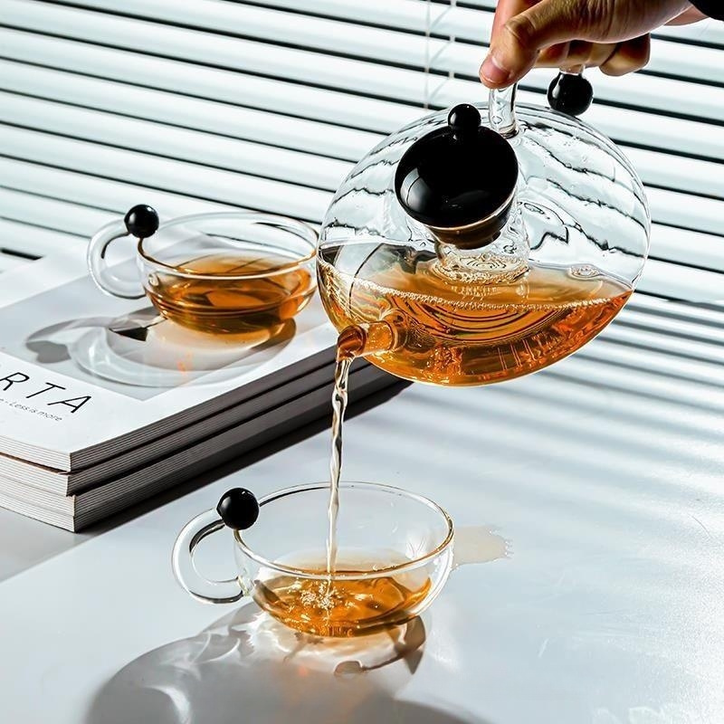 High Borosilicate Glass Tea Kettle with 2 Tea cups for Stovetop Safe, Tea Pot for  Blooming Loose Leaf Tea, Tea Maker