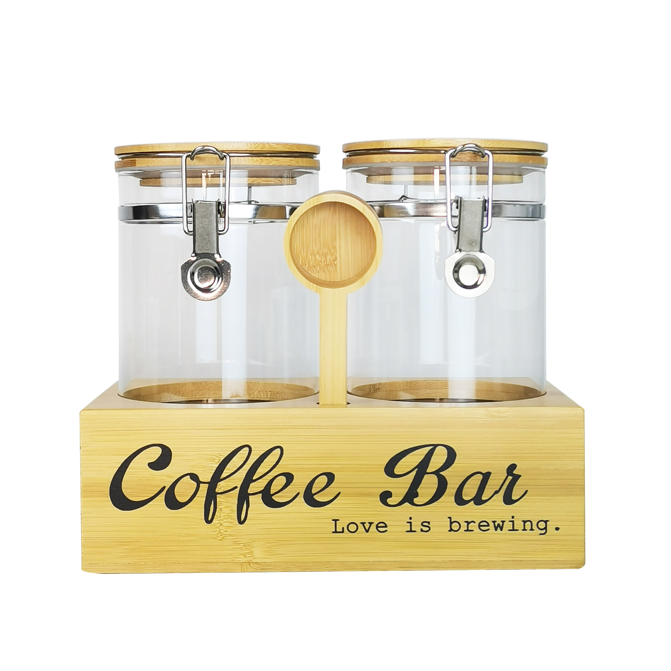 Glass Pantry 40oz coffee bee storage holder glass coffee jar with Airtight Lid and bamboo holder set