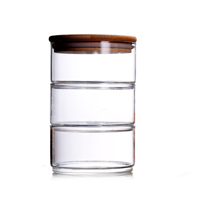 3-tier stack glass canister Household products sealed airtight folding glass jar with bamboo cover