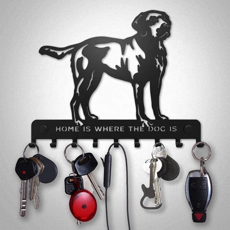 Wall Mounted Key Rack Organizer and Hanging Dog Leash Holder for Wall with 5-Hooks and Black Metal Labrador Silhouette