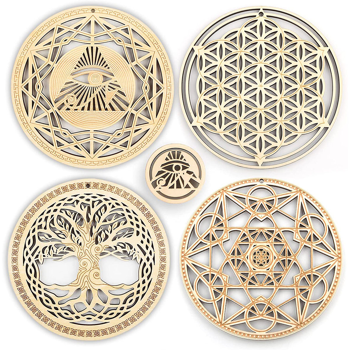 8IN Wooden Crystal Grid Pattern Wall Hanging Handmade Meditation Symbol Home Decoration Accessories Laser Cut Wood Art