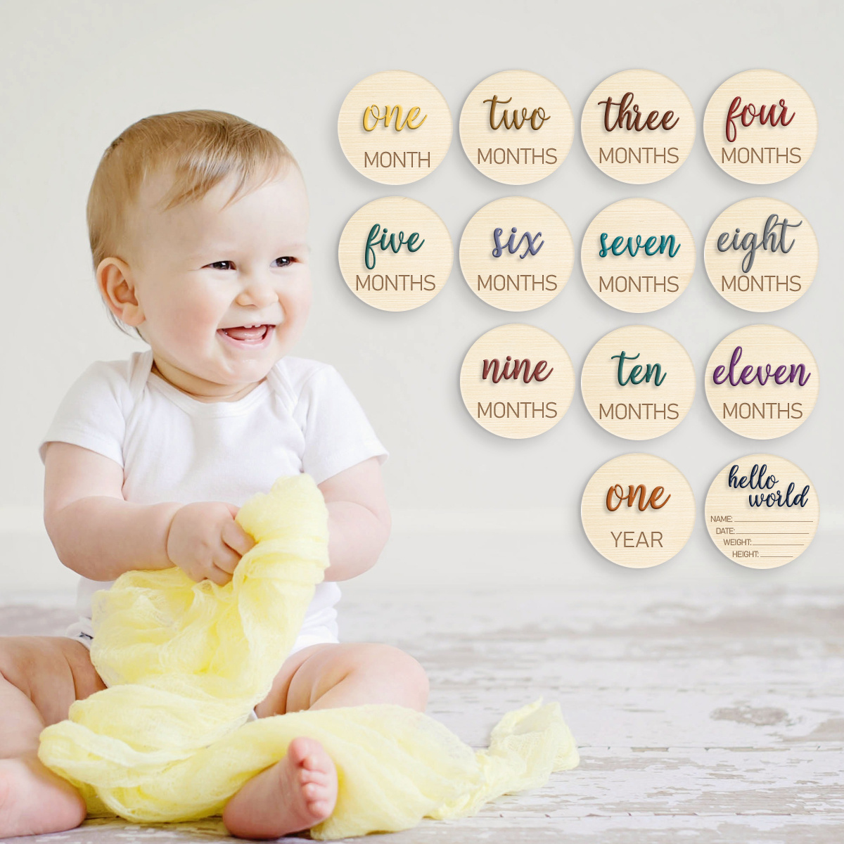 High Quality Newborn Baby Birth Hello World Announcement Baby Monthly Pregnancy Milestone Discs Wooden Milestone Cards