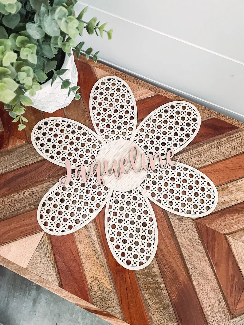 Personalized Wooden Rattan Flower Nursery Room Decor Boho Name Rattan Wall Decor