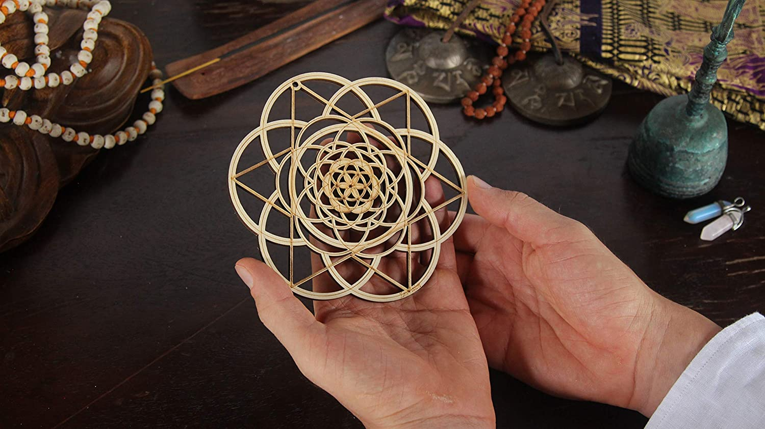 8IN Wooden Crystal Grid Pattern Wall Hanging Handmade Meditation Symbol Home Decoration Accessories Laser Cut Wood Art