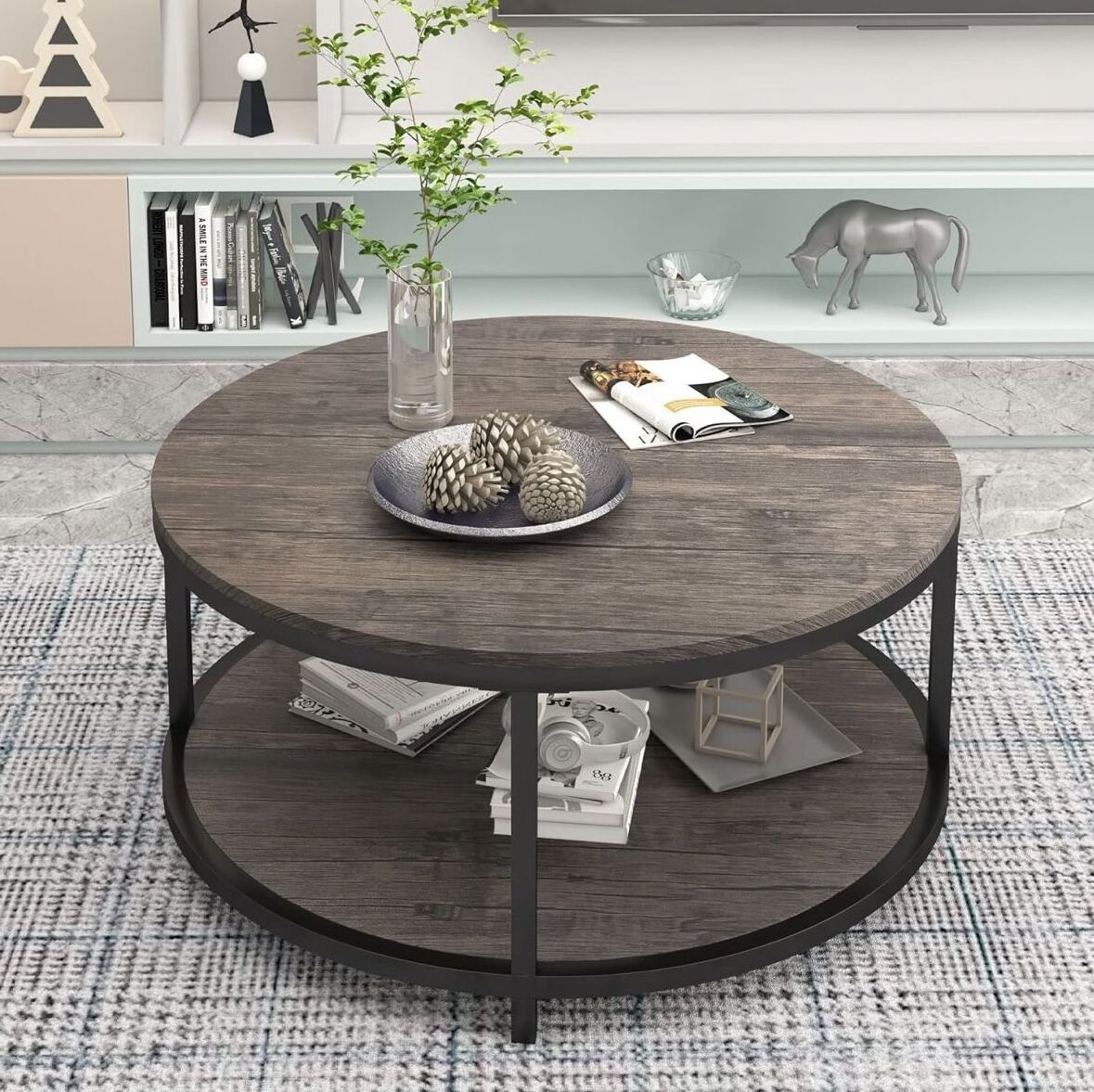 Living room furniture cheap smart round tea desk meubles wooden luxury small side wood corner coffee table with metal frame