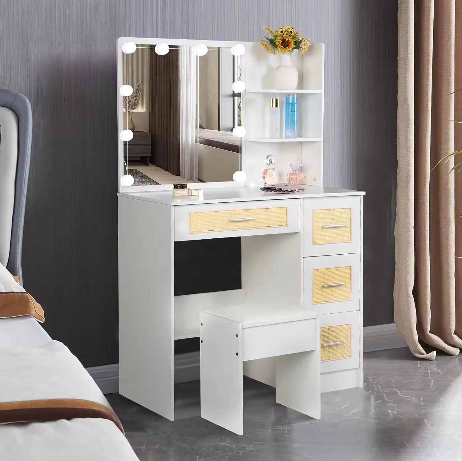 White Modern Rattan Makeup Dressing Table Corner Vanity Desk for Makeup with Lights mirror