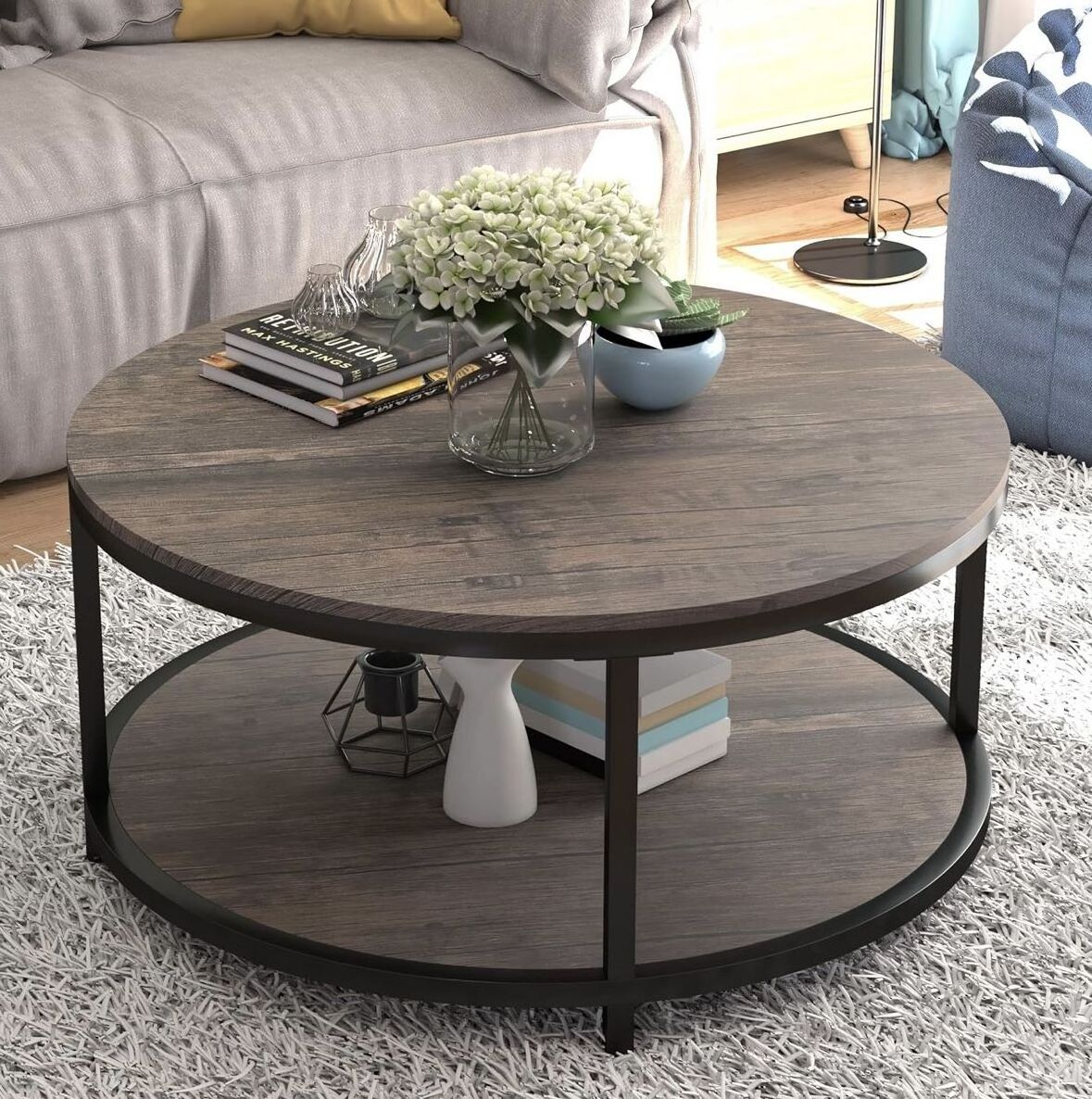 Living room furniture cheap smart round tea desk meubles wooden luxury small side wood corner coffee table with metal frame