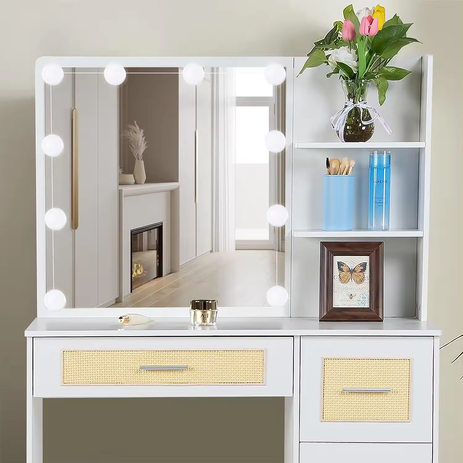 White Modern Rattan Makeup Dressing Table Corner Vanity Desk for Makeup with Lights mirror