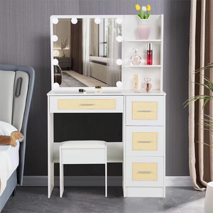 White Modern Rattan Makeup Dressing Table Corner Vanity Desk for Makeup with Lights mirror