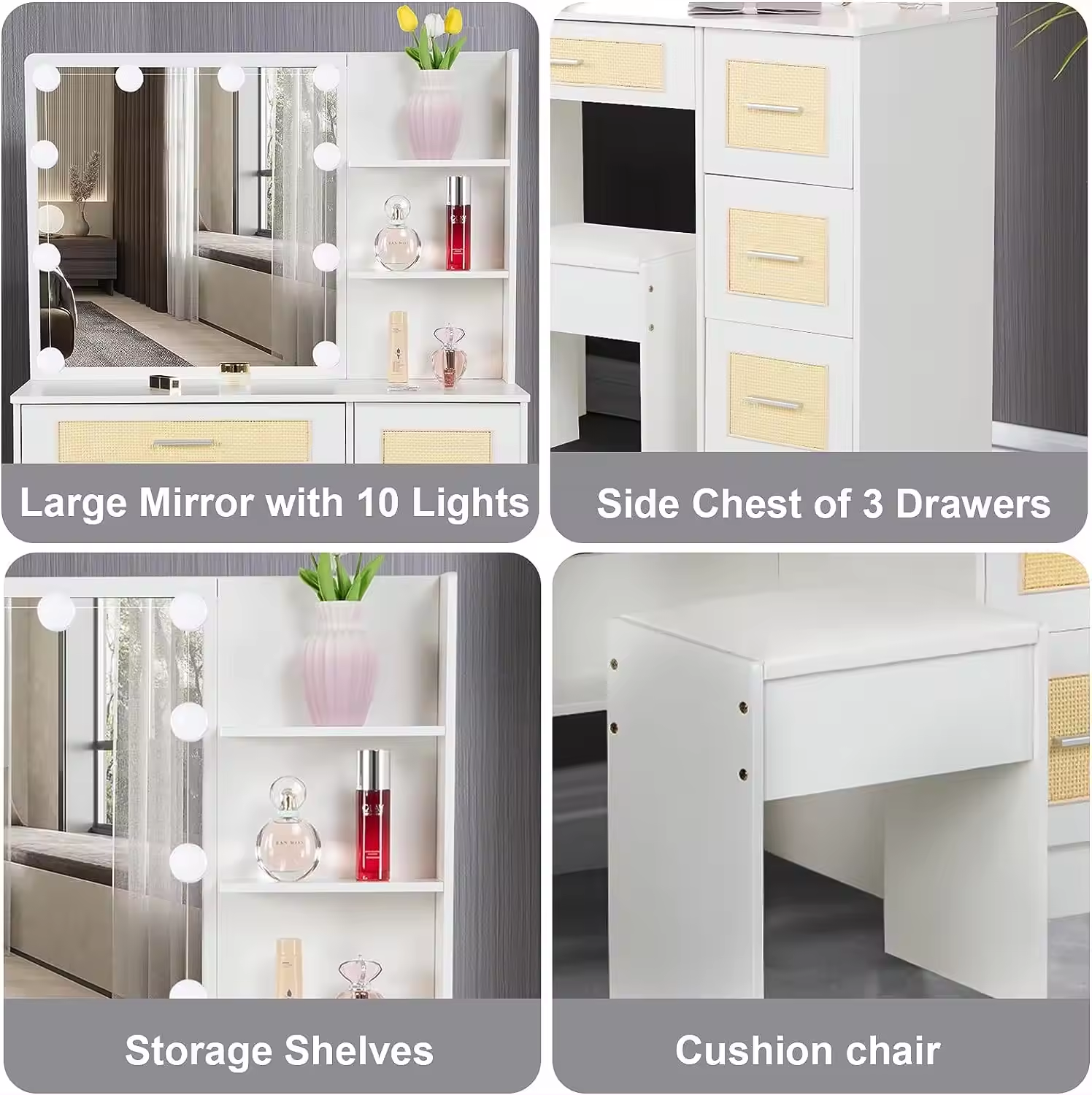 White Modern Rattan Makeup Dressing Table Corner Vanity Desk for Makeup with Lights mirror