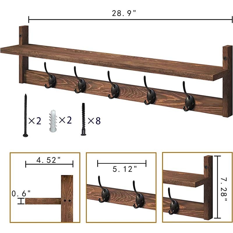 Wall Hooks with Shelf Entryway Hanging Shelf Wood Coat Hooks for Wall with Shelf Wall-Mounted wooden Coat Hook Rack