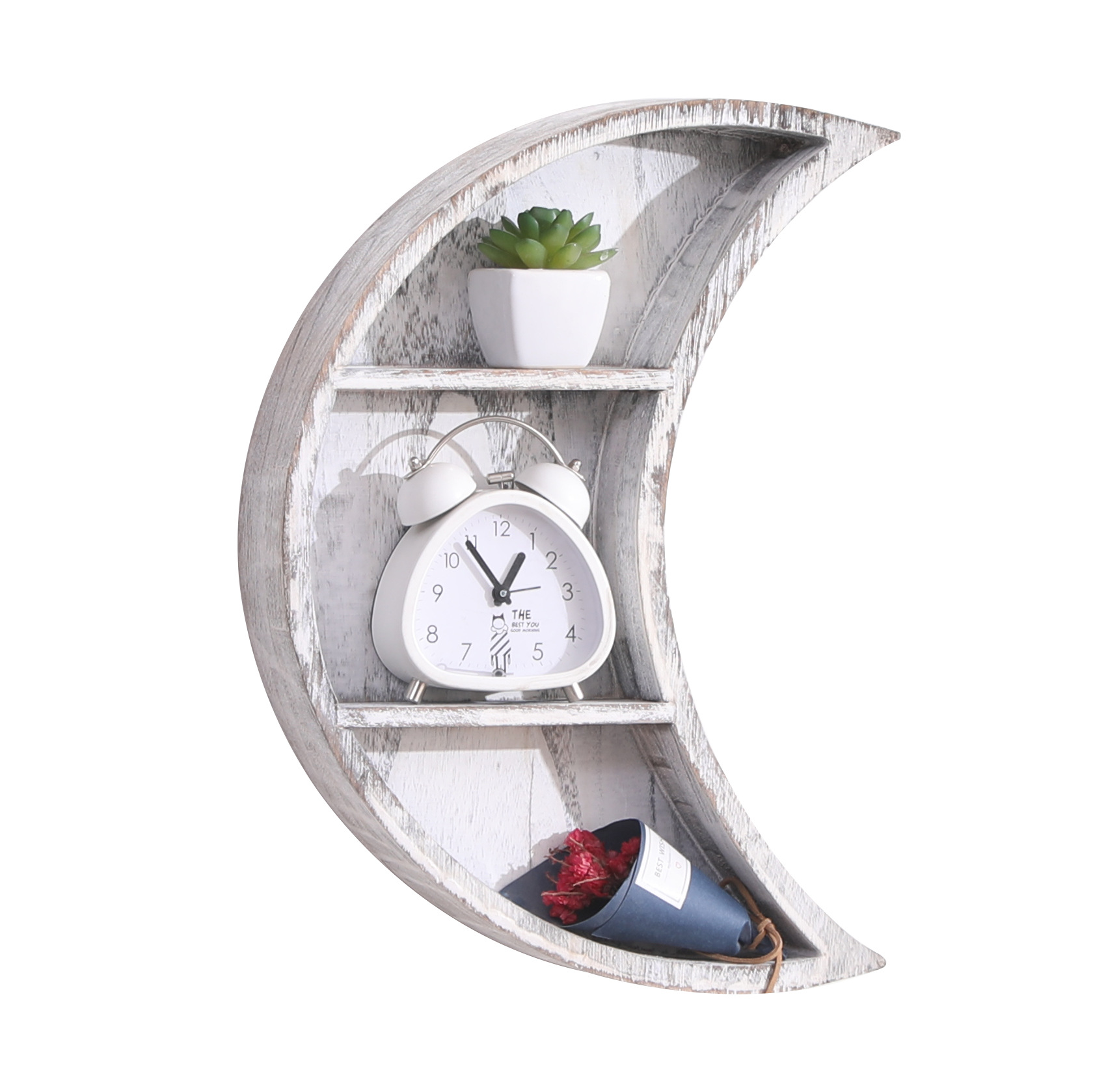 Wholesale White Wooden Crescent Moon Stand Floating Shelf Wall Mounted Floating Wood Shelves Living Room Furniture Modern Carton