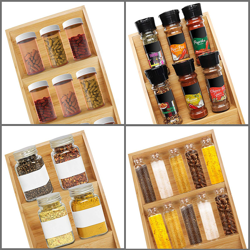 3 Tier bamboo Kitchen Spice Drawer Insert Organiser Rack Tray wood Slanted Storage For Cabinet Shelf and Drawers