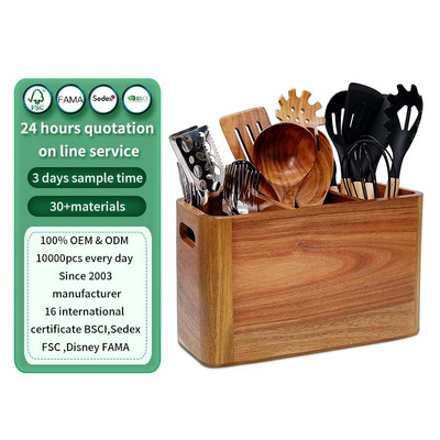 Wooden Utensil Holder for Storage Cooking and Silverware with 3 Compartments Wooden Kitchen Utensil Holder Organizer for Counter