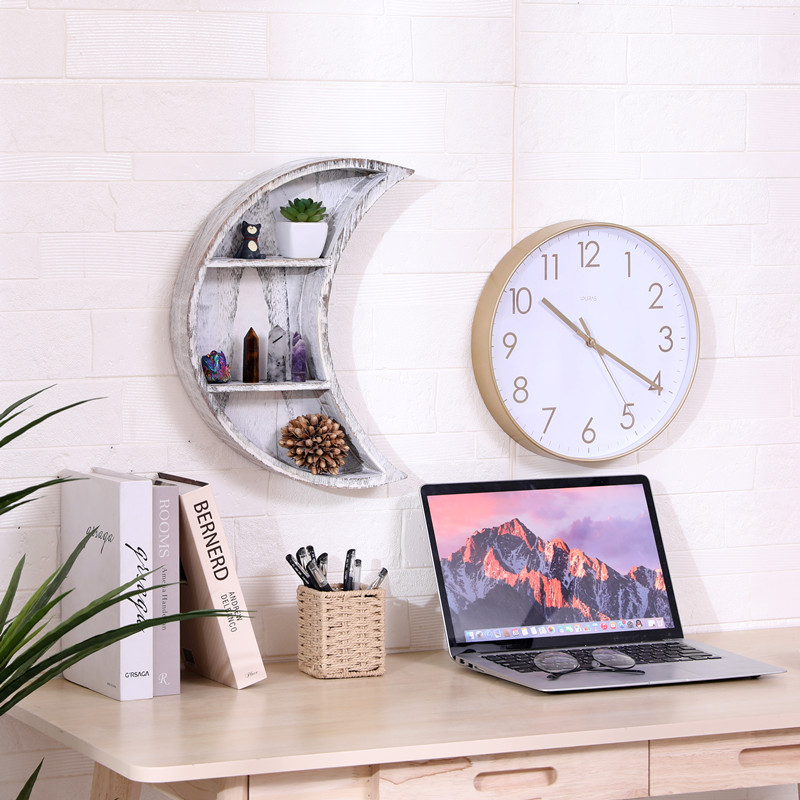 Wholesale White Wooden Crescent Moon Stand Floating Shelf Wall Mounted Floating Wood Shelves Living Room Furniture Modern Carton