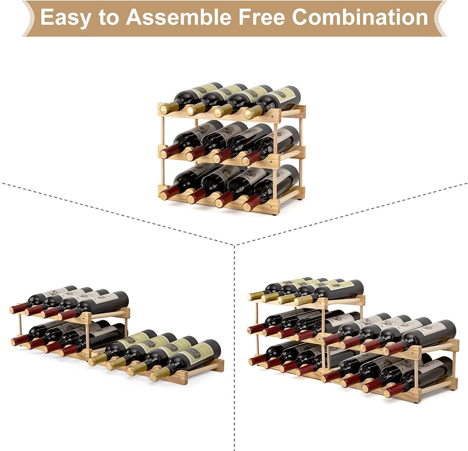 Modular 2 Tier Wine Rack Freestanding Storage for 8 Bottles Farmhouse Wood Design