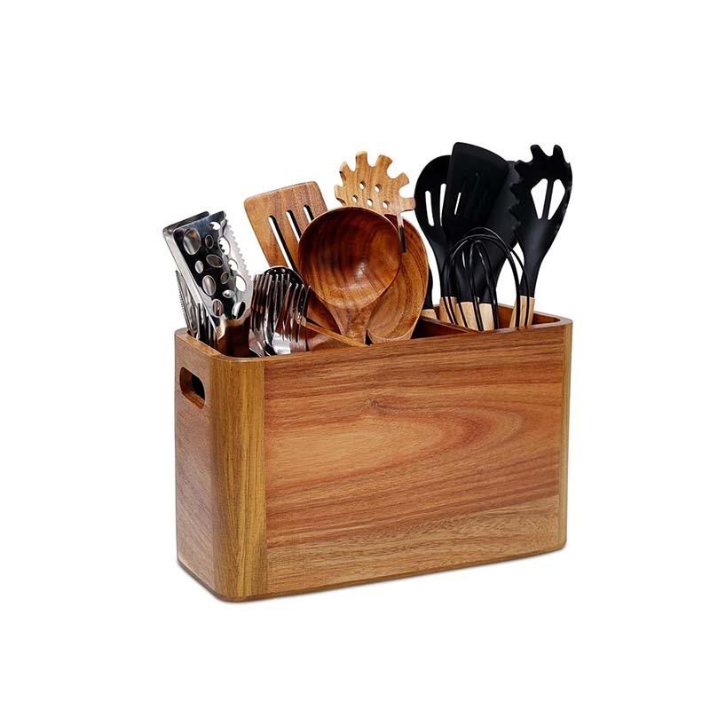 Wooden Utensil Holder for Storage Cooking and Silverware with 3 Compartments Wooden Kitchen Utensil Holder Organizer for Counter