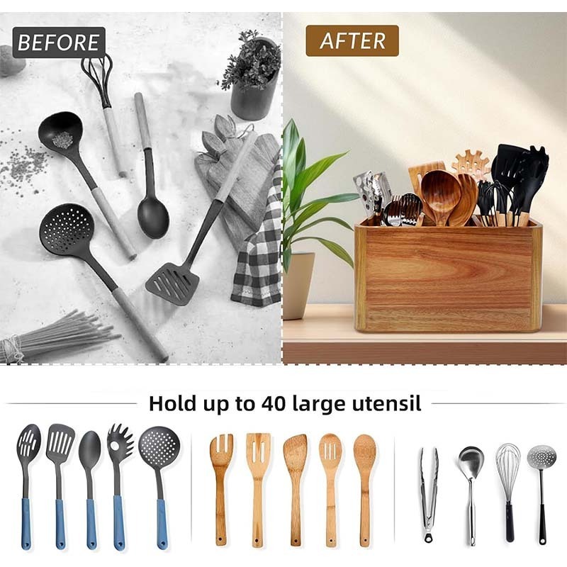 Wooden Utensil Holder for Storage Cooking and Silverware with 3 Compartments Wooden Kitchen Utensil Holder Organizer for Counter