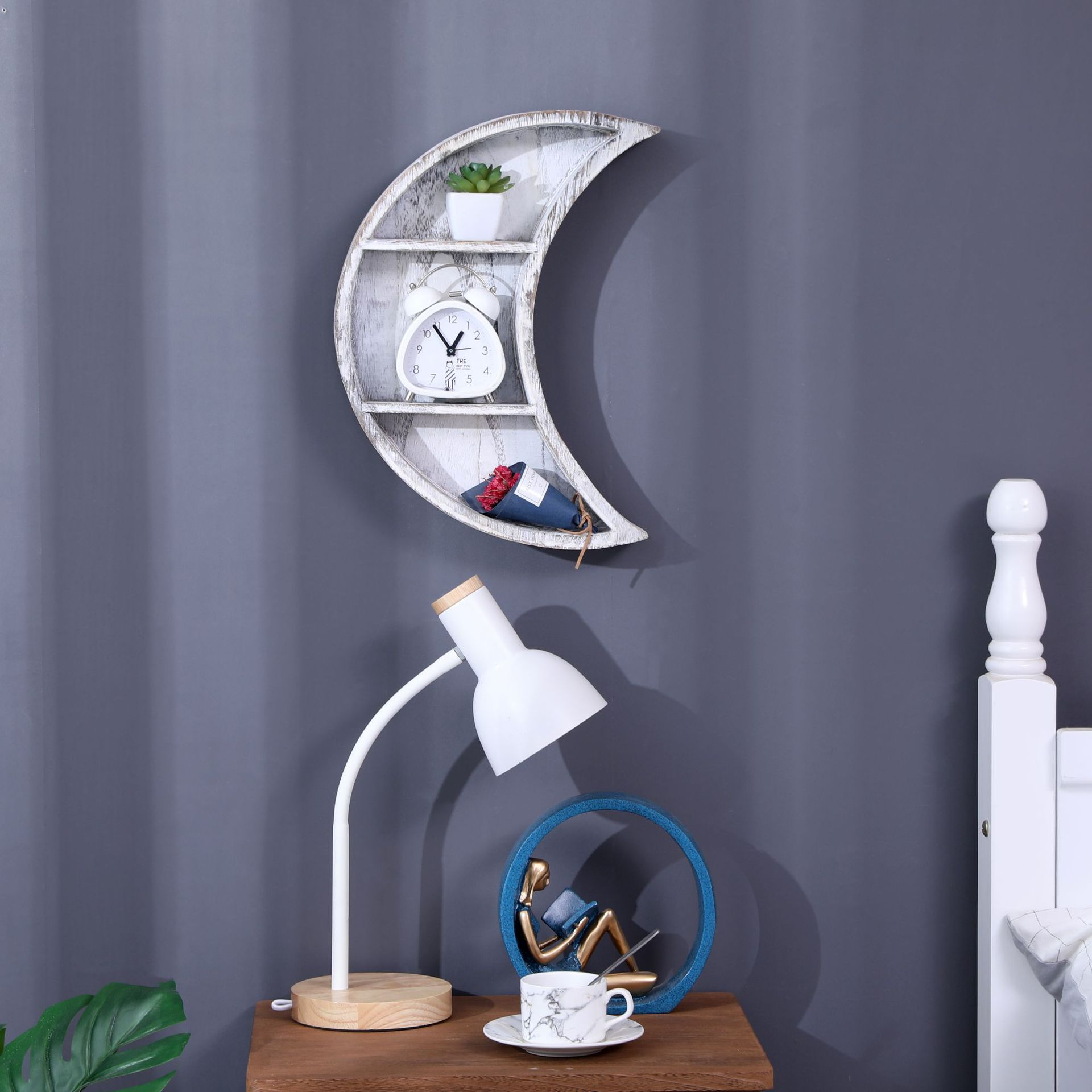 Wholesale White Wooden Crescent Moon Stand Floating Shelf Wall Mounted Floating Wood Shelves Living Room Furniture Modern Carton