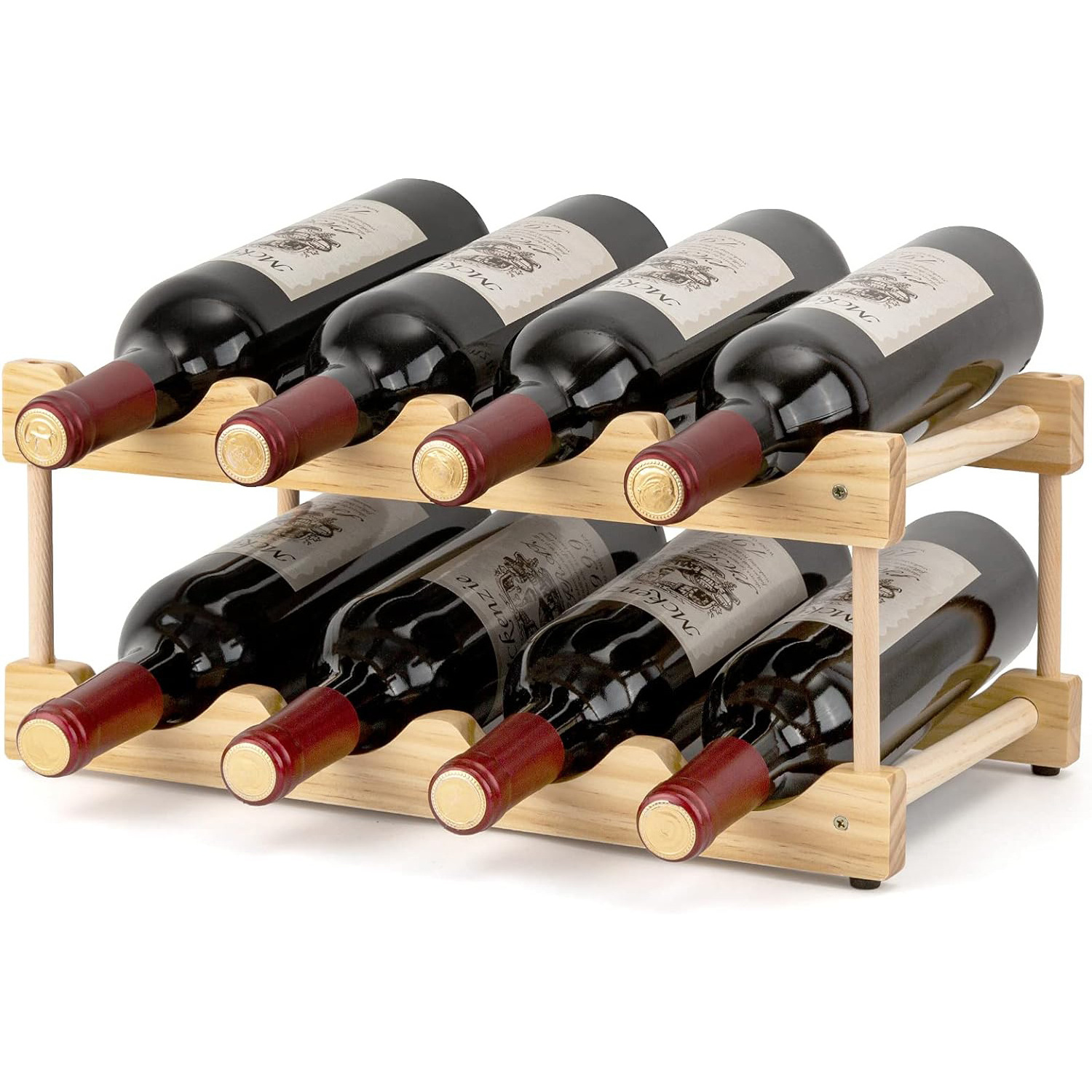 Modular 2 Tier Wine Rack Freestanding Storage for 8 Bottles Farmhouse Wood Design