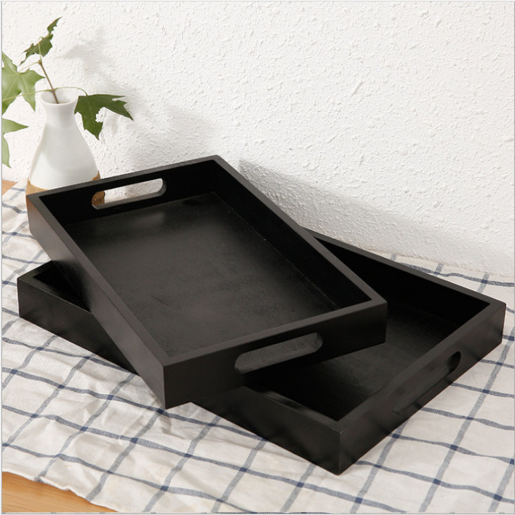 High quality Black wooden tray rectangle wooden Food seving Tray with Handles